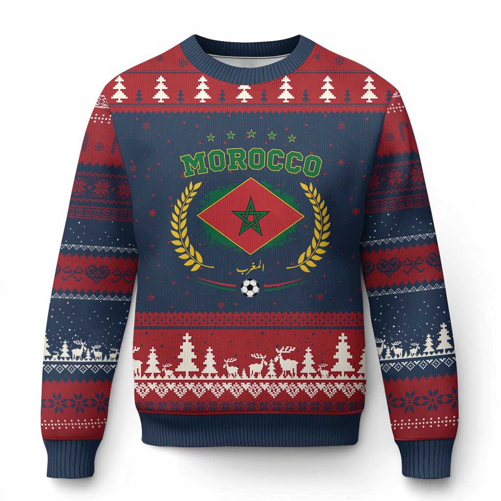 Morocco Football Laurel Wreath Crest Graphic Ugly Christmas Sweater Proud Moroccan Soccer Star Emblem Sports Fans