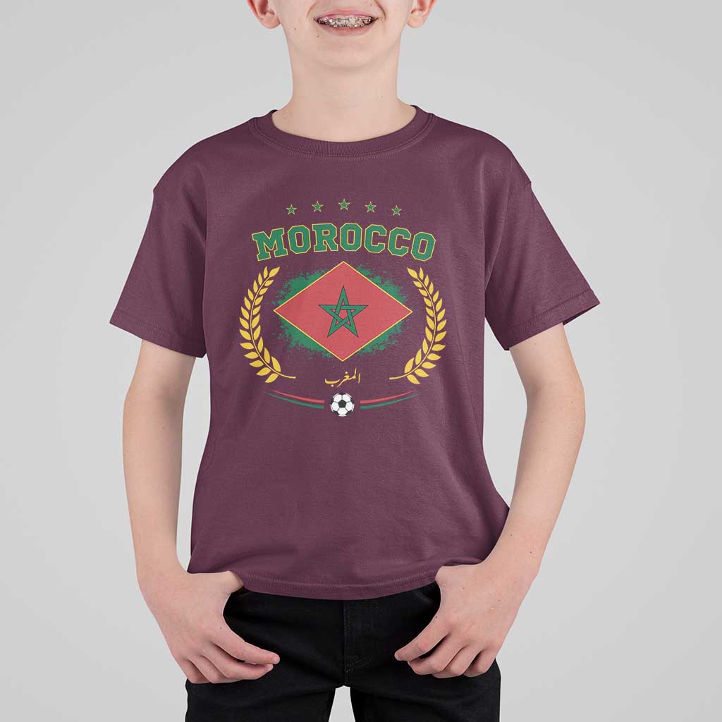 Morocco Football Laurel Wreath Crest Graphic T Shirt For Kid Proud Moroccan Soccer Star Emblem Sports Fans