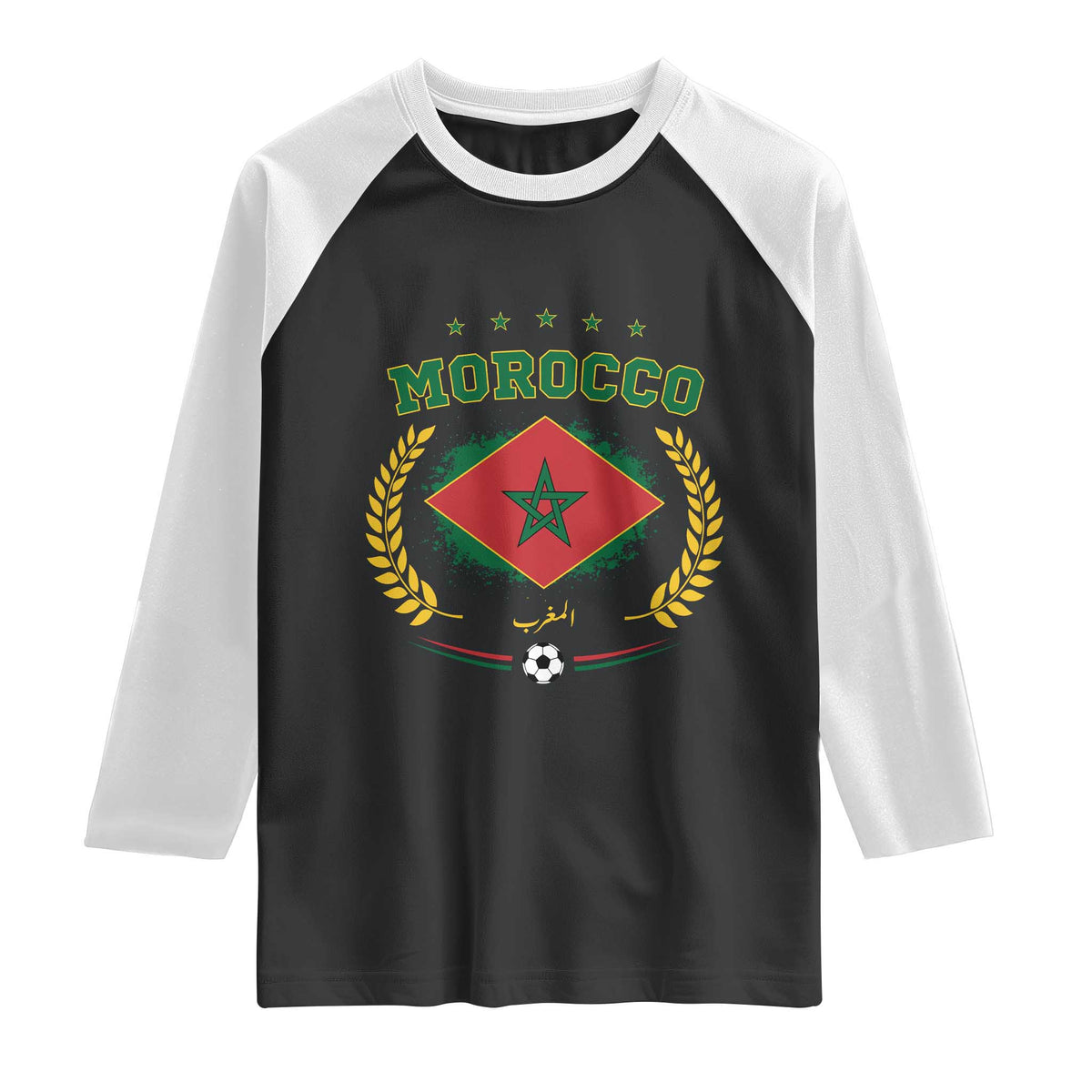Morocco Football Laurel Wreath Crest Graphic Raglan Shirt Proud Moroccan Soccer Star Emblem Sports Fans