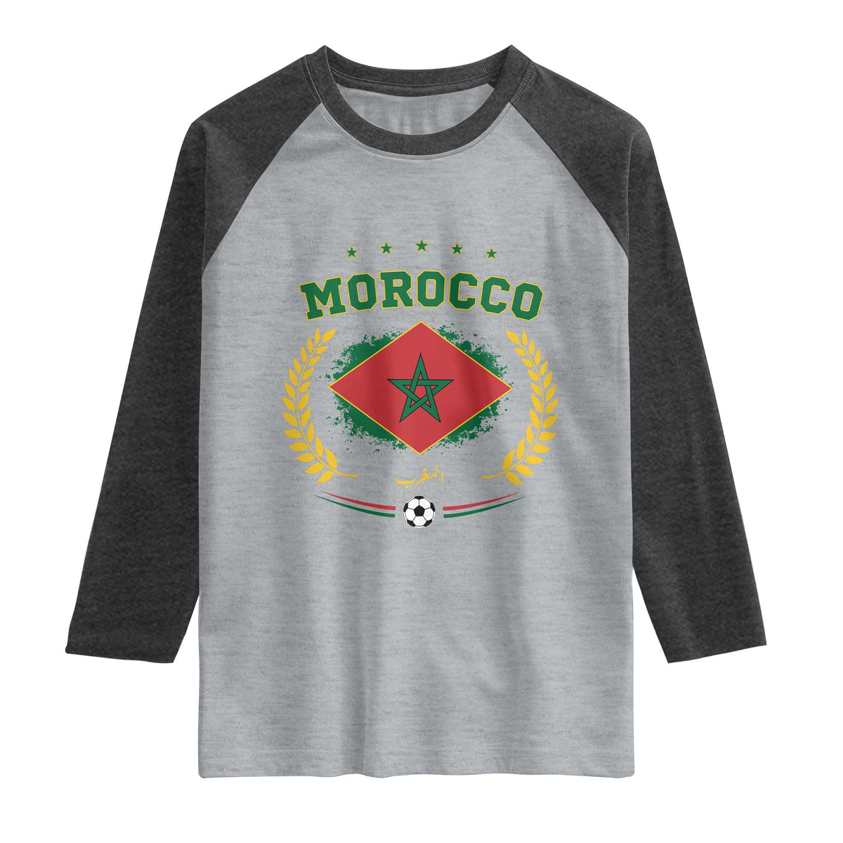 Morocco Football Laurel Wreath Crest Graphic Raglan Shirt Proud Moroccan Soccer Star Emblem Sports Fans