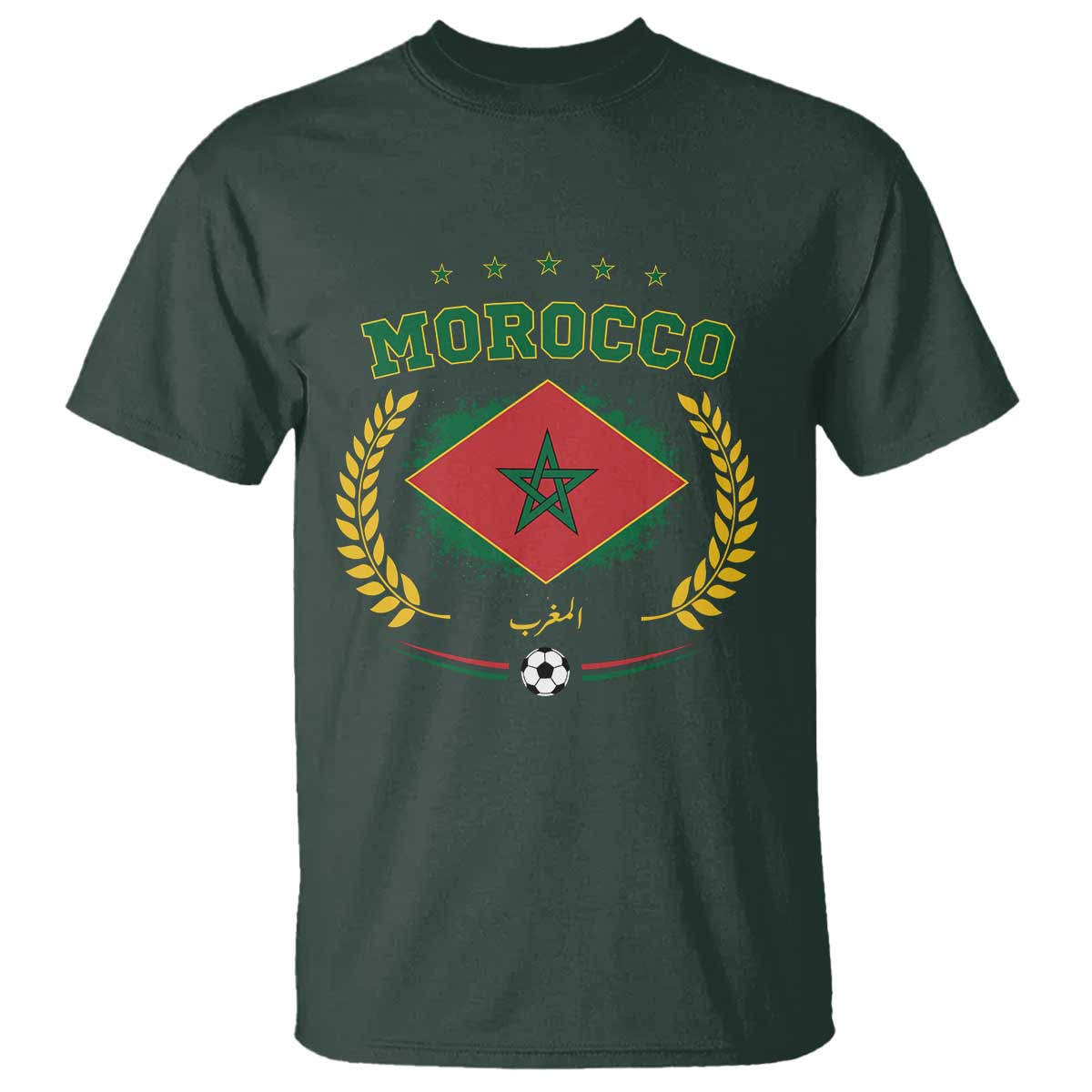 Morocco Football Laurel Wreath Crest Graphic T Shirt Proud Moroccan Soccer Star Emblem Sports Fans