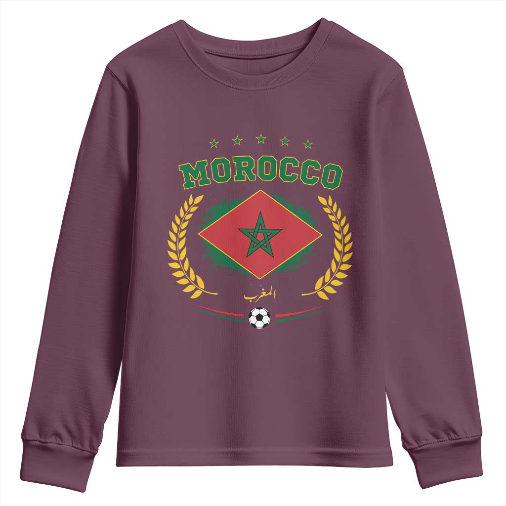Morocco Football Laurel Wreath Crest Graphic Youth Sweatshirt Proud Moroccan Soccer Star Emblem Sports Fans