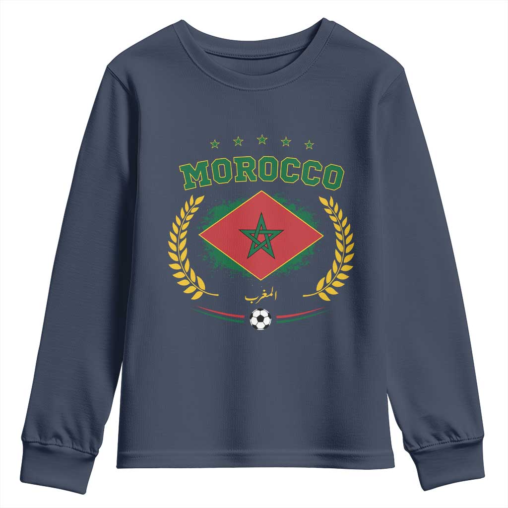 Morocco Football Laurel Wreath Crest Graphic Youth Sweatshirt Proud Moroccan Soccer Star Emblem Sports Fans