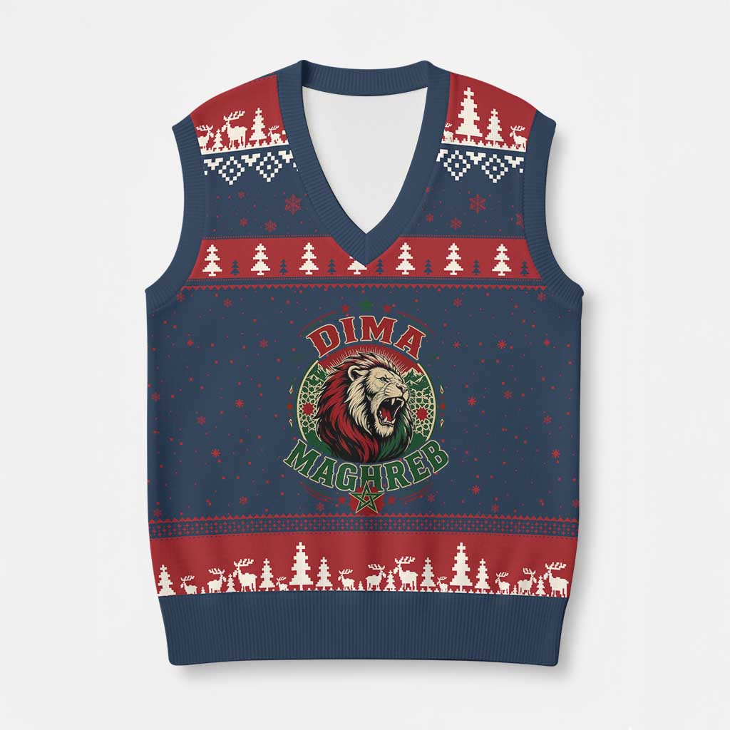 Dima Maghreb Morocco Lion Roar V-Neck Knit Sweater Vest Proud Patriotic Moroccan Spirit Heritage Support