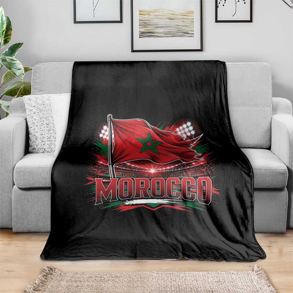 Waving Morocco Flag Stadium Lights Throw Blanket Patriotic Moroccan Soccer Fans