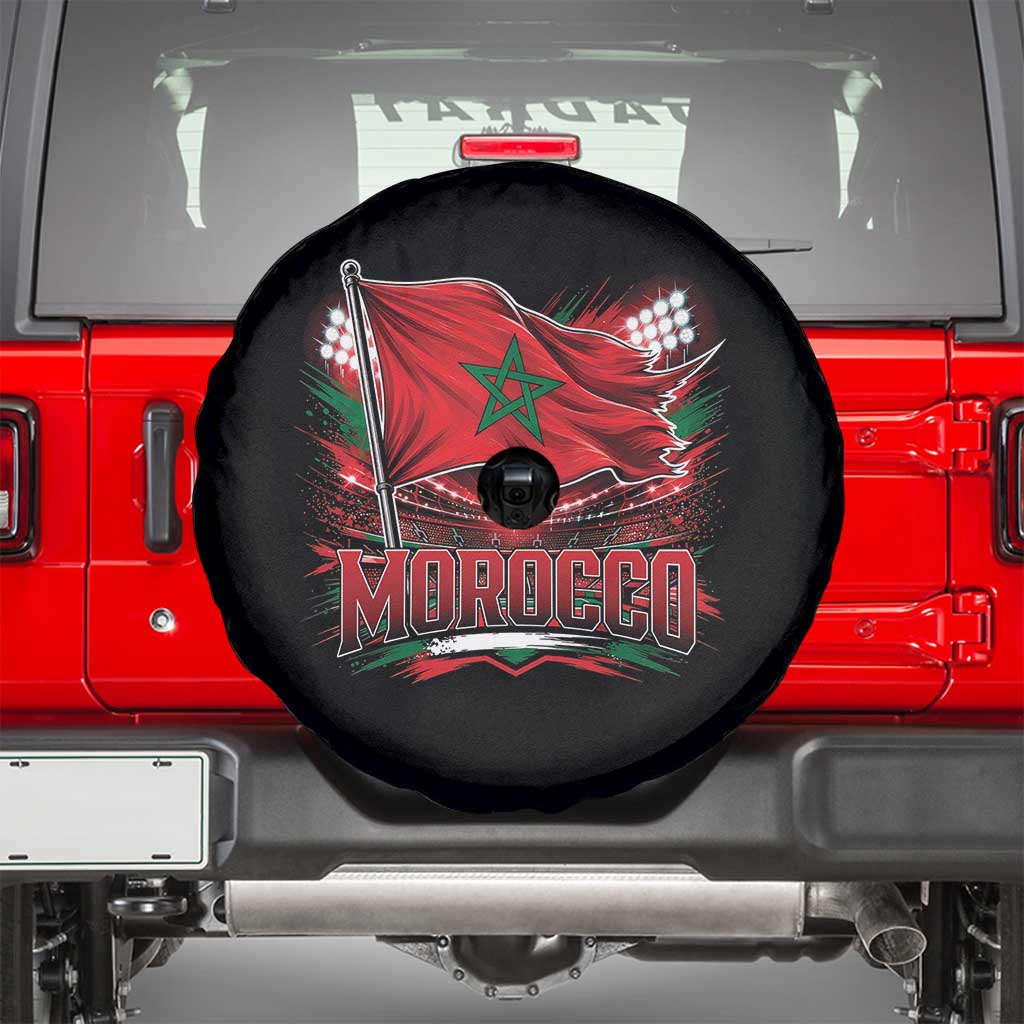 Waving Morocco Flag Stadium Lights Spare Tire Cover Patriotic Moroccan Soccer Fans