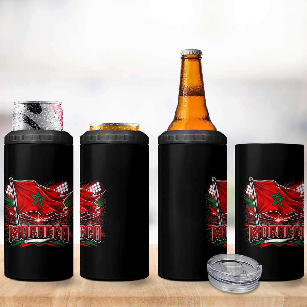 Waving Morocco Flag Stadium Lights 4 in 1 Can Cooler Tumbler Patriotic Moroccan Soccer Fans