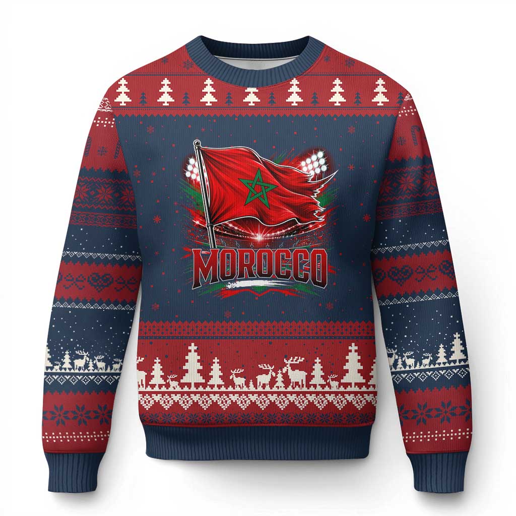 Waving Morocco Flag Stadium Lights Ugly Christmas Sweater Patriotic Moroccan Soccer Fans