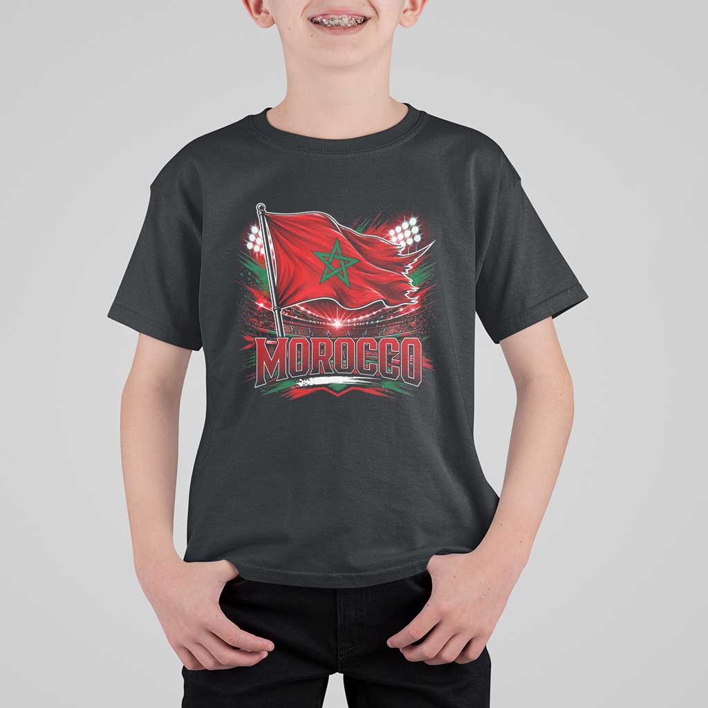 Waving Morocco Flag Stadium Lights T Shirt For Kid Patriotic Moroccan Soccer Fans
