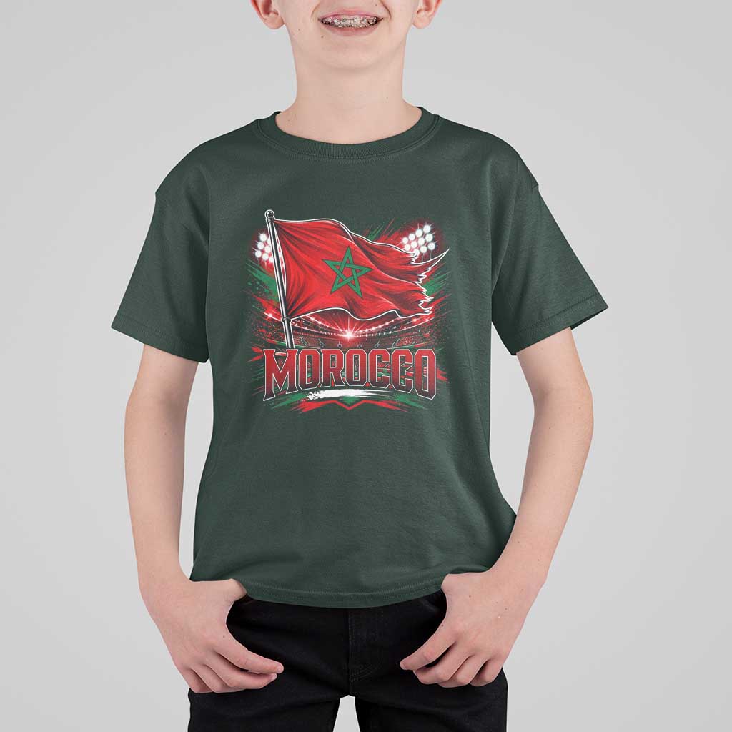 Waving Morocco Flag Stadium Lights T Shirt For Kid Patriotic Moroccan Soccer Fans