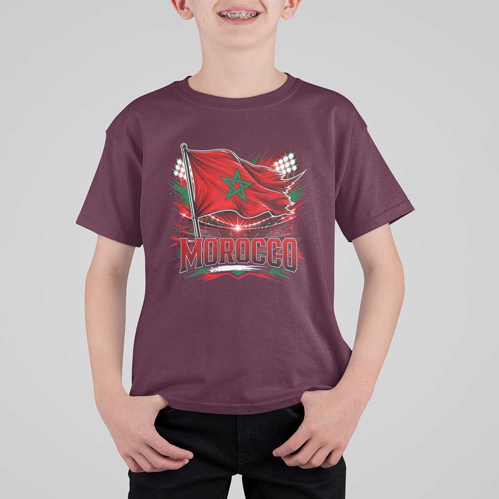 Waving Morocco Flag Stadium Lights T Shirt For Kid Patriotic Moroccan Soccer Fans