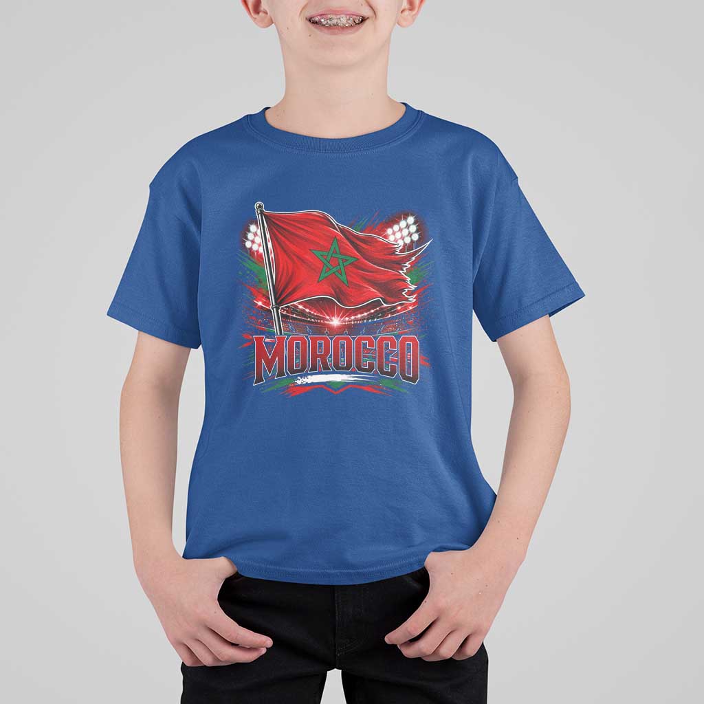 Waving Morocco Flag Stadium Lights T Shirt For Kid Patriotic Moroccan Soccer Fans
