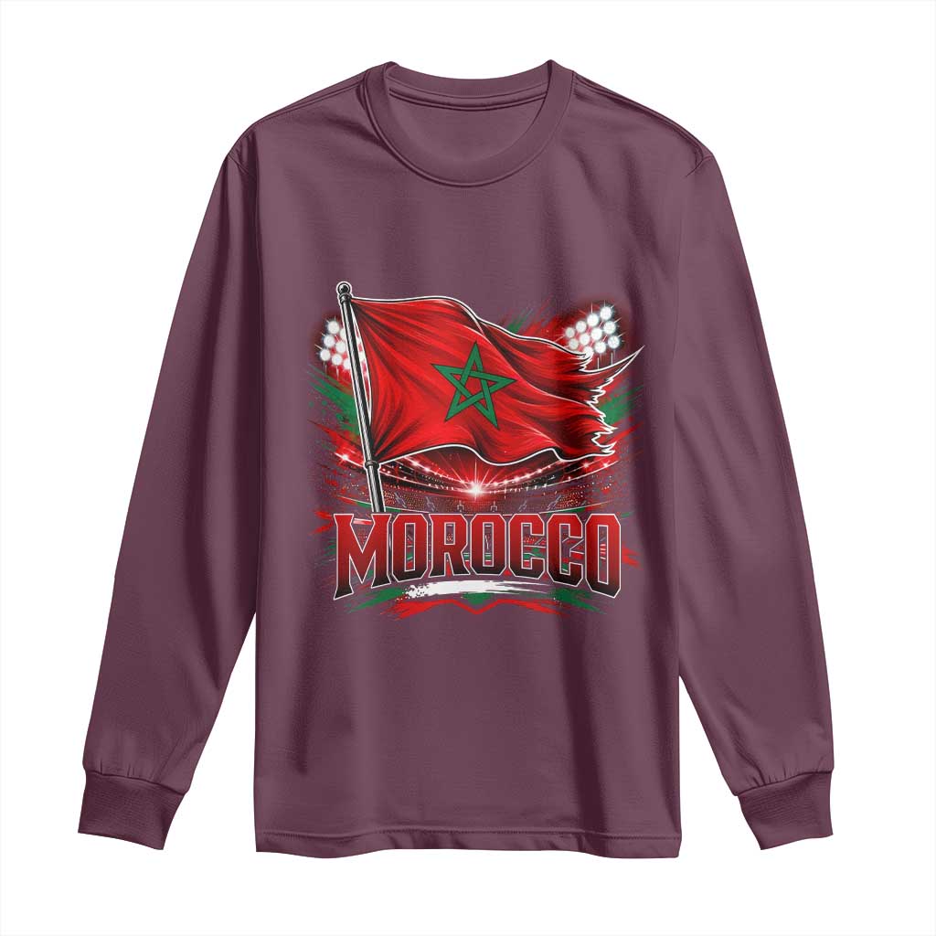 Waving Morocco Flag Stadium Lights Long Sleeve Shirt Patriotic Moroccan Soccer Fans
