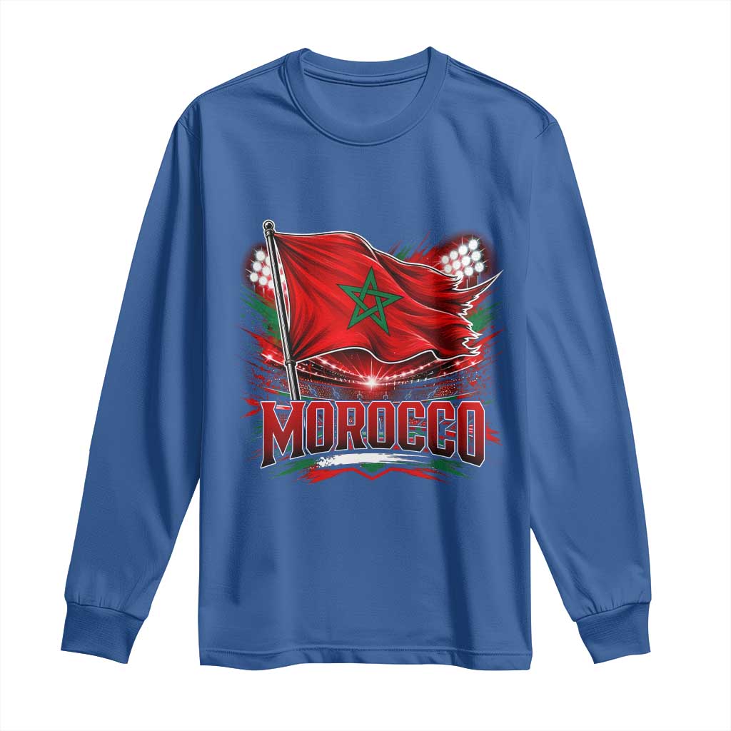 Waving Morocco Flag Stadium Lights Long Sleeve Shirt Patriotic Moroccan Soccer Fans
