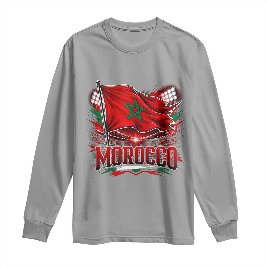 Waving Morocco Flag Stadium Lights Long Sleeve Shirt Patriotic Moroccan Soccer Fans
