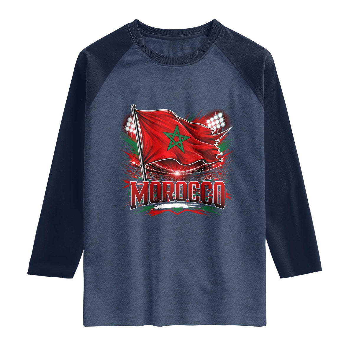 Waving Morocco Flag Stadium Lights Raglan Shirt Patriotic Moroccan Soccer Fans