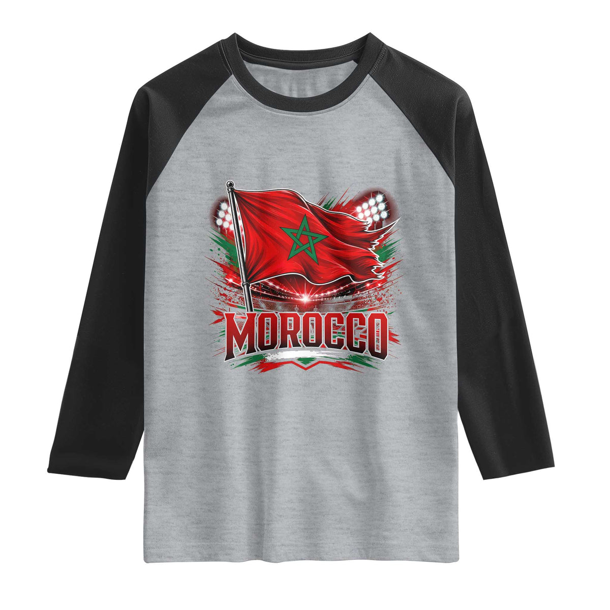Waving Morocco Flag Stadium Lights Raglan Shirt Patriotic Moroccan Soccer Fans