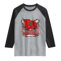Waving Morocco Flag Stadium Lights Raglan Shirt Patriotic Moroccan Soccer Fans