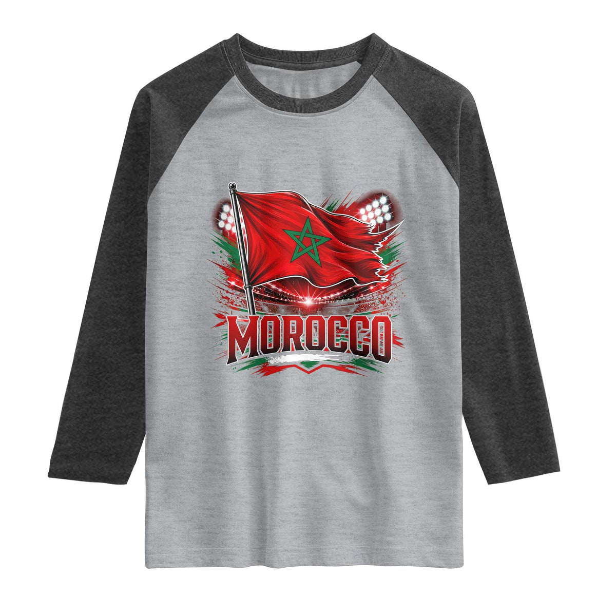 Waving Morocco Flag Stadium Lights Raglan Shirt Patriotic Moroccan Soccer Fans