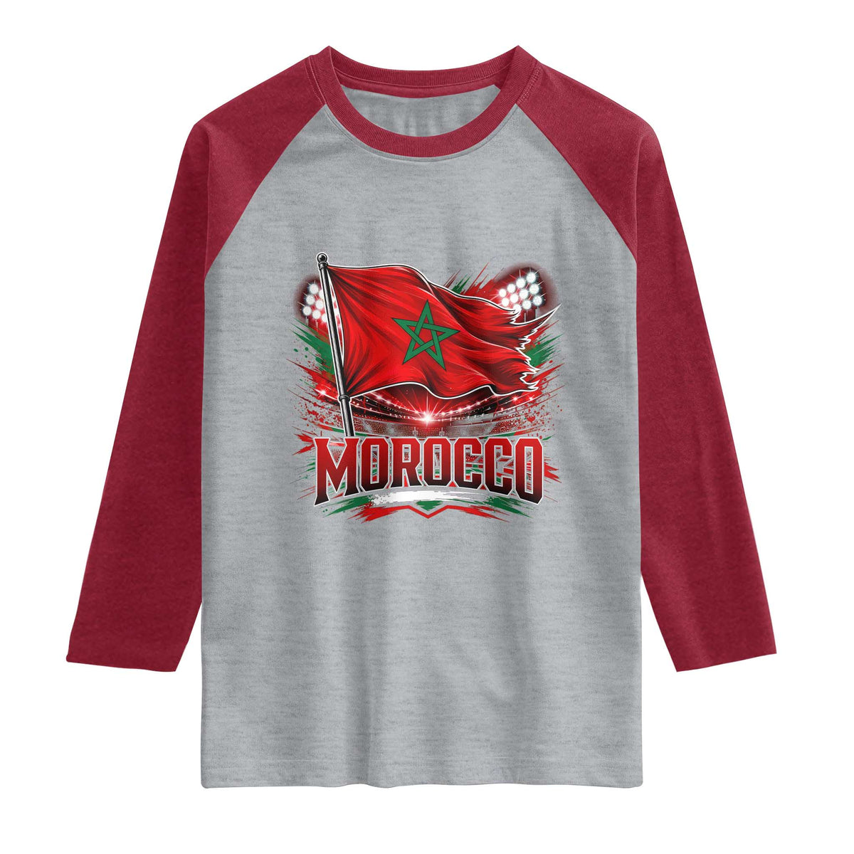 Waving Morocco Flag Stadium Lights Raglan Shirt Patriotic Moroccan Soccer Fans