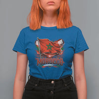 Waving Morocco Flag Stadium Lights T Shirt For Women Patriotic Moroccan Soccer Fans