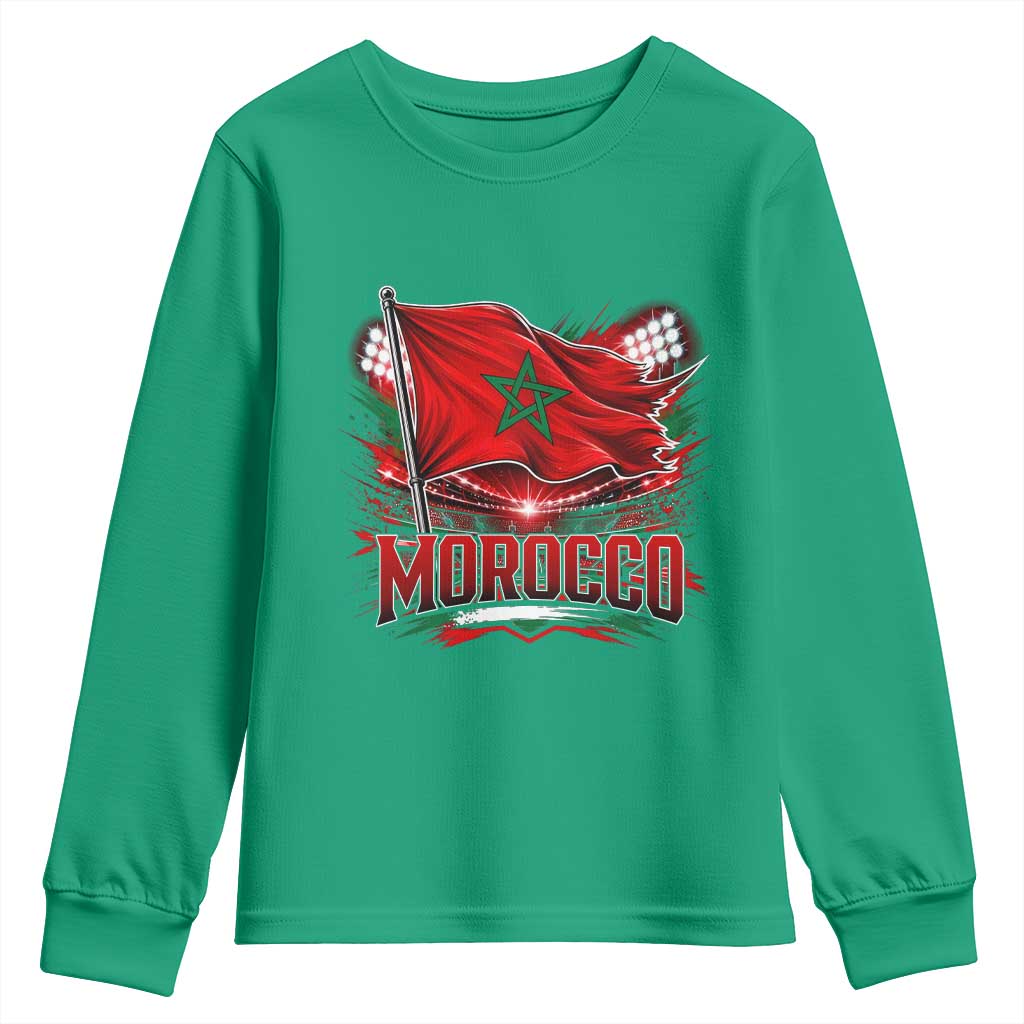 Waving Morocco Flag Stadium Lights Youth Sweatshirt Patriotic Moroccan Soccer Fans