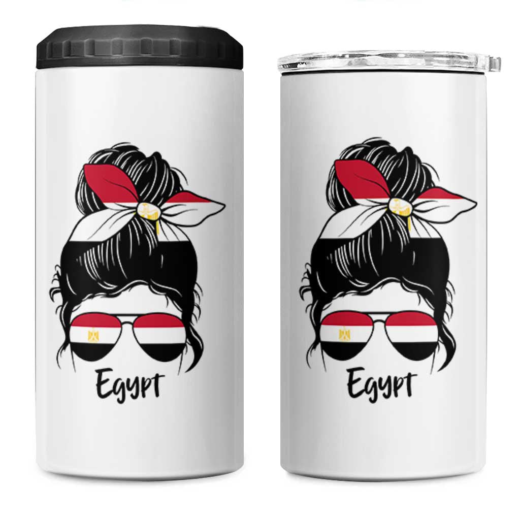 Egyptian Flag Messy Bun Girl 4 in 1 Can Cooler Tumbler Patriotic Egypt Women