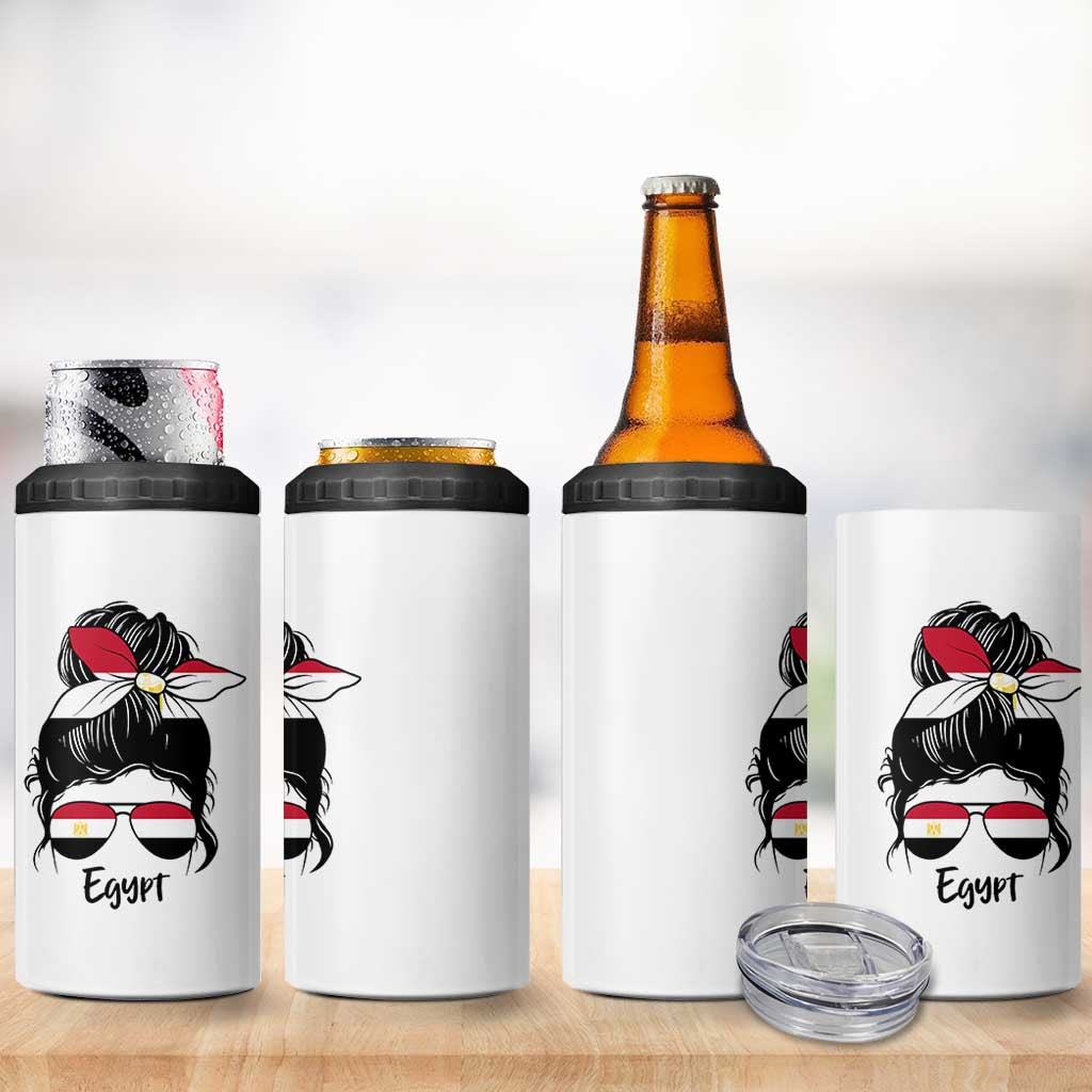 Egyptian Flag Messy Bun Girl 4 in 1 Can Cooler Tumbler Patriotic Egypt Women