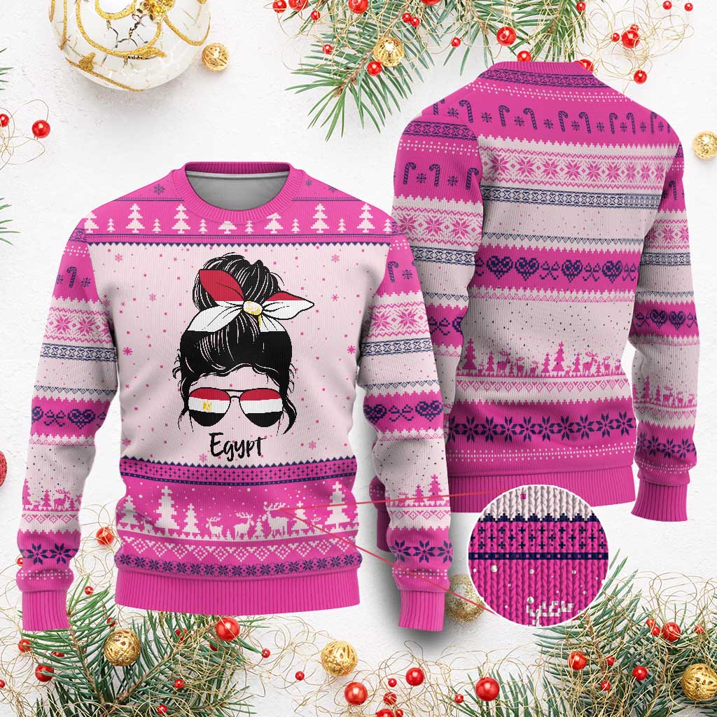 Egyptian Flag Messy Bun Girl Ugly Christmas Sweater Patriotic Egypt Women