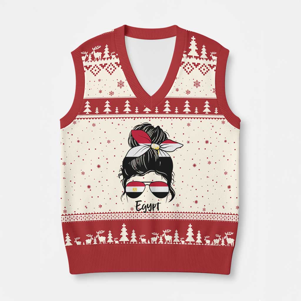 Egyptian Flag Messy Bun Girl V-Neck Knit Sweater Vest Patriotic Egypt Women