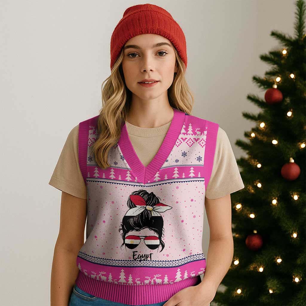 Egyptian Flag Messy Bun Girl V-Neck Knit Sweater Vest Patriotic Egypt Women