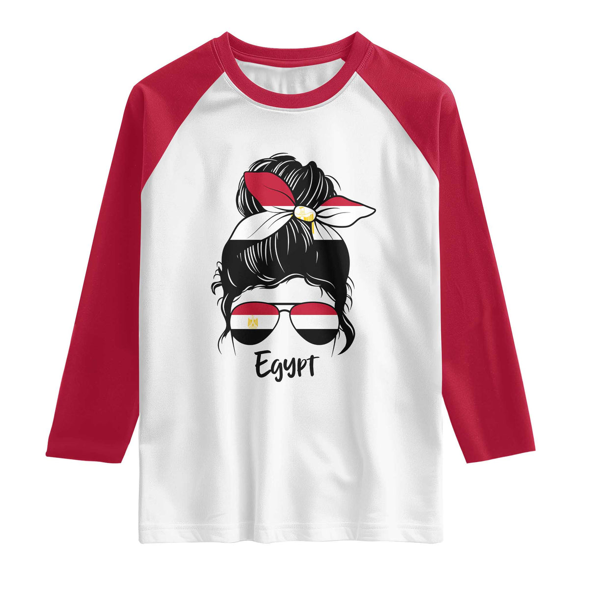 Egyptian Flag Messy Bun Girl Raglan Shirt Patriotic Egypt Women