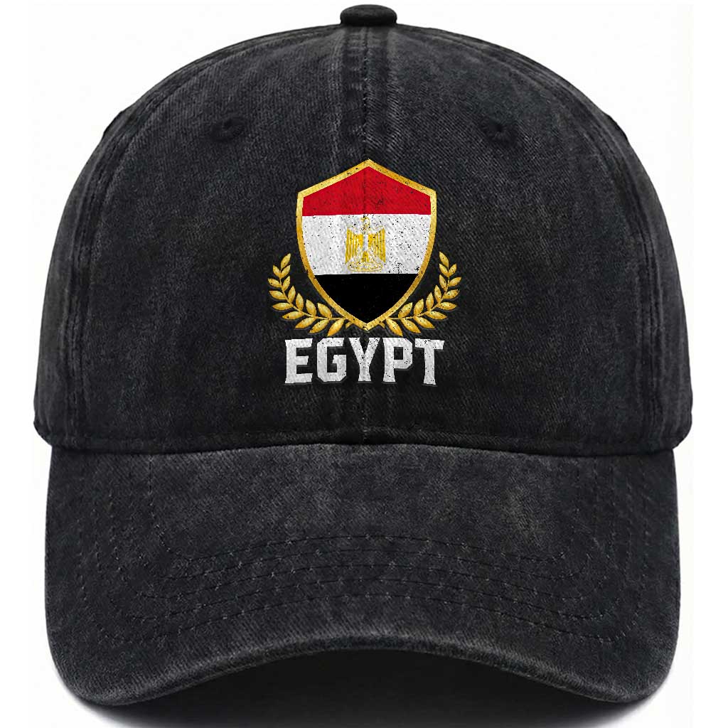 Egypt Coat of Arms Gold Shield Crest Washed Cotton Baseball Cap Patriotic Egyptian Flag Heritage Pride
