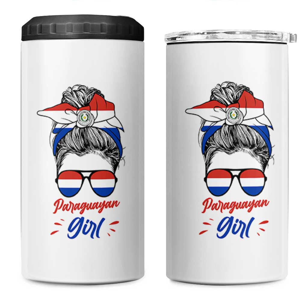 Proud Paraguayan Girl Messy Bun Bandana Aviator Sunglasses 4 in 1 Can Cooler Tumbler Paraguay Heritage Roots HispanicLatina Pride