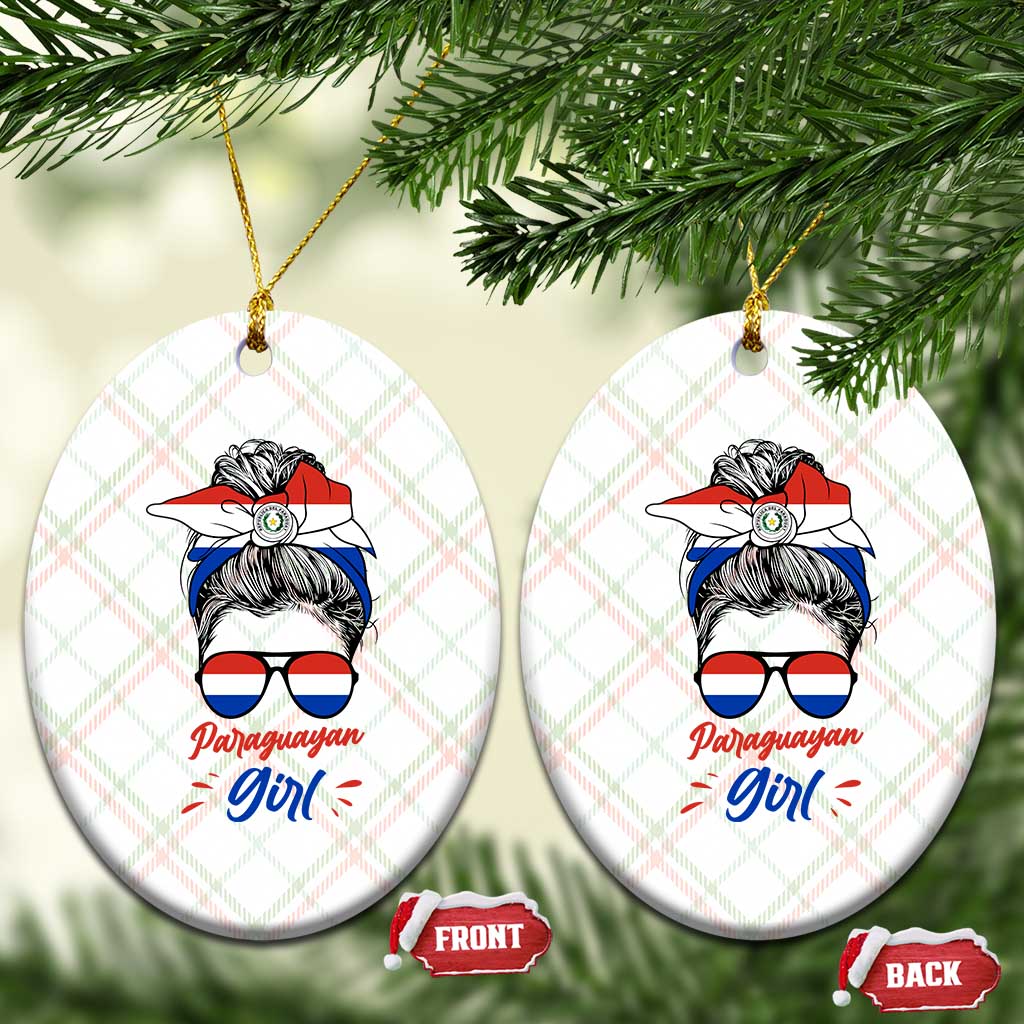Proud Paraguayan Girl Messy Bun Bandana Aviator Sunglasses Ceramic Ornament Paraguay Heritage Roots HispanicLatina Pride