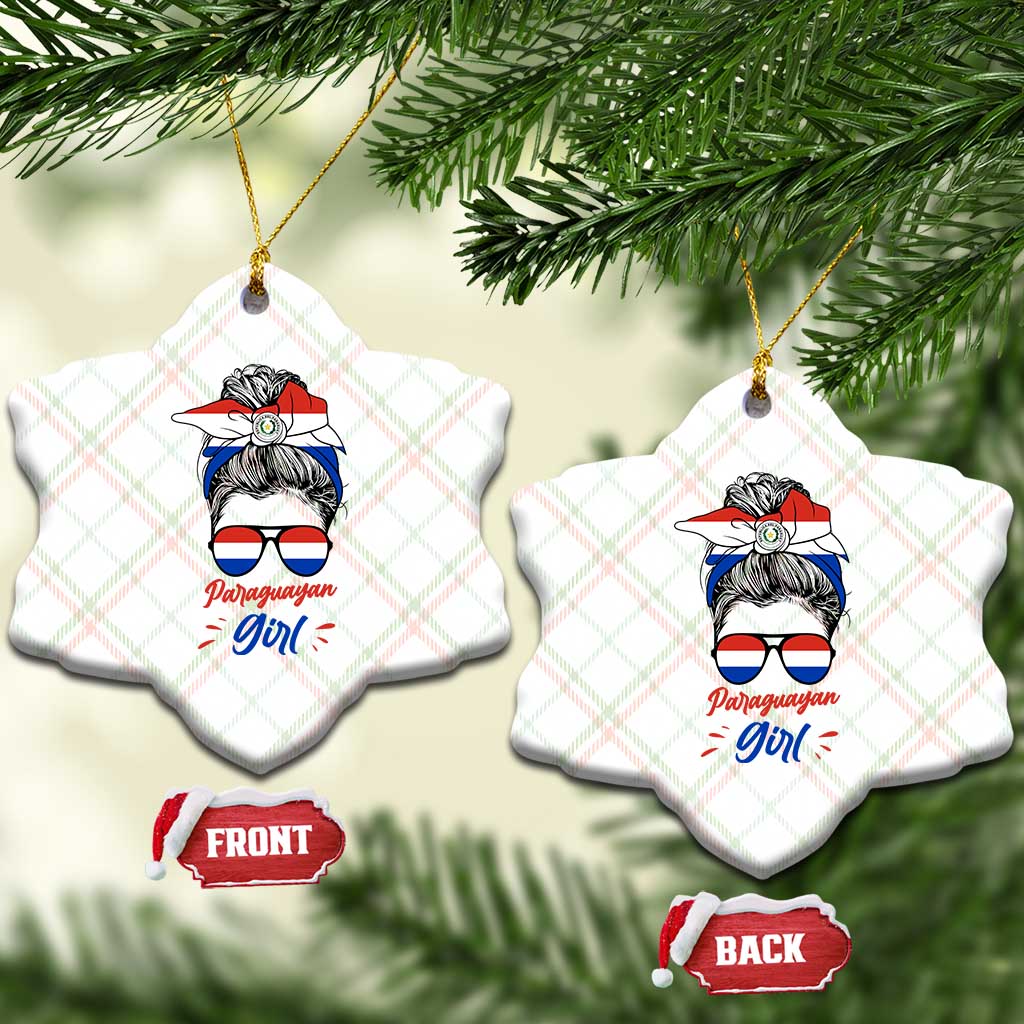 Proud Paraguayan Girl Messy Bun Bandana Aviator Sunglasses Ceramic Ornament Paraguay Heritage Roots HispanicLatina Pride