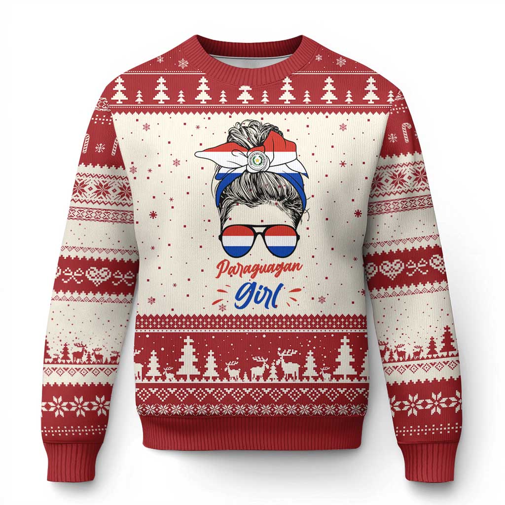 Proud Paraguayan Girl Messy Bun Bandana Aviator Sunglasses Ugly Christmas Sweater Paraguay Heritage Roots HispanicLatina Pride