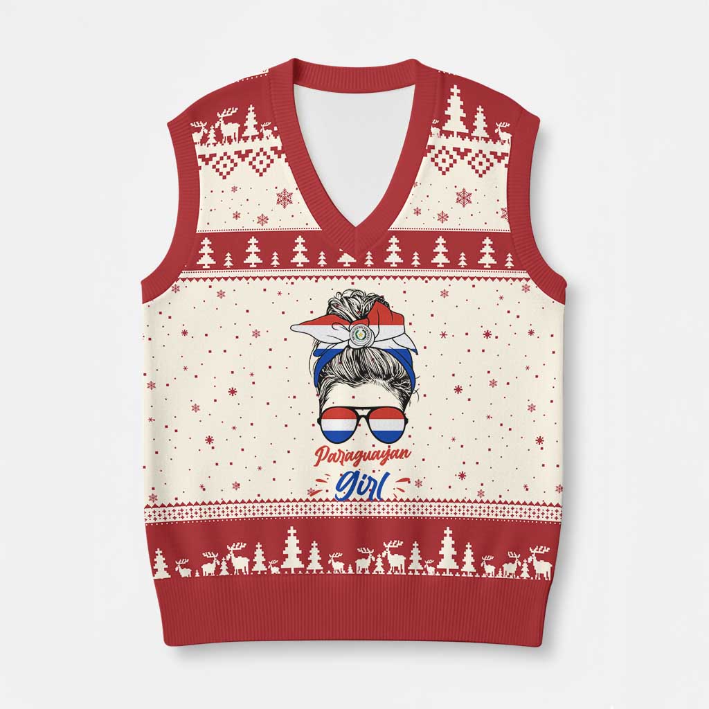 Proud Paraguayan Girl Messy Bun Bandana Aviator Sunglasses V-Neck Knit Sweater Vest Paraguay Heritage Roots HispanicLatina Pride