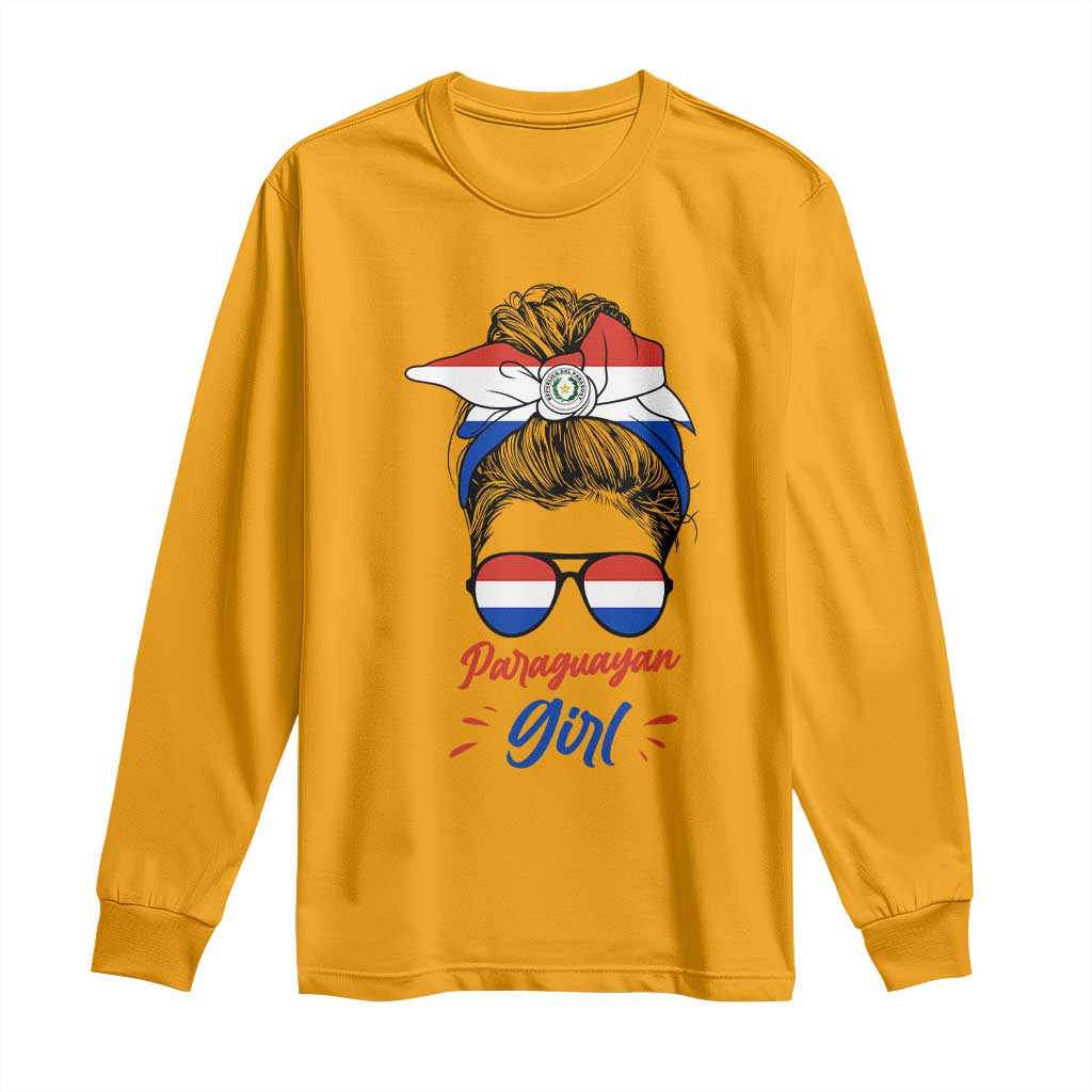 Proud Paraguayan Girl Messy Bun Bandana Aviator Sunglasses Long Sleeve Shirt Paraguay Heritage Roots HispanicLatina Pride