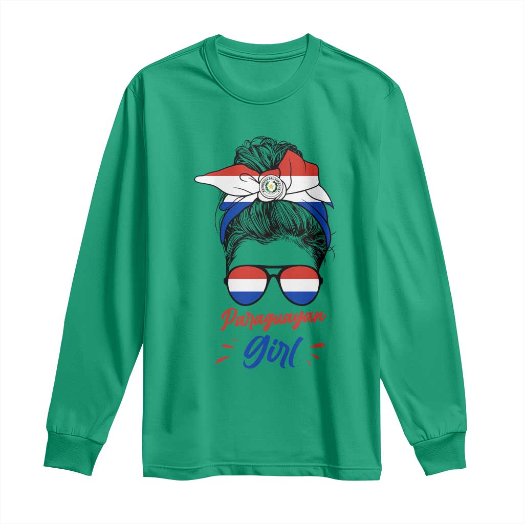 Proud Paraguayan Girl Messy Bun Bandana Aviator Sunglasses Long Sleeve Shirt Paraguay Heritage Roots HispanicLatina Pride