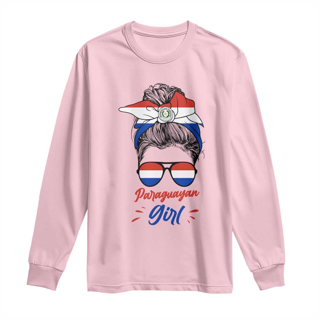 Proud Paraguayan Girl Messy Bun Bandana Aviator Sunglasses Long Sleeve Shirt Paraguay Heritage Roots HispanicLatina Pride