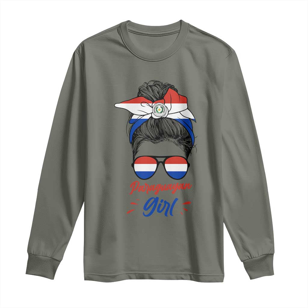 Proud Paraguayan Girl Messy Bun Bandana Aviator Sunglasses Long Sleeve Shirt Paraguay Heritage Roots HispanicLatina Pride