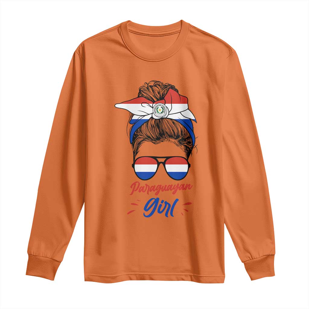 Proud Paraguayan Girl Messy Bun Bandana Aviator Sunglasses Long Sleeve Shirt Paraguay Heritage Roots HispanicLatina Pride