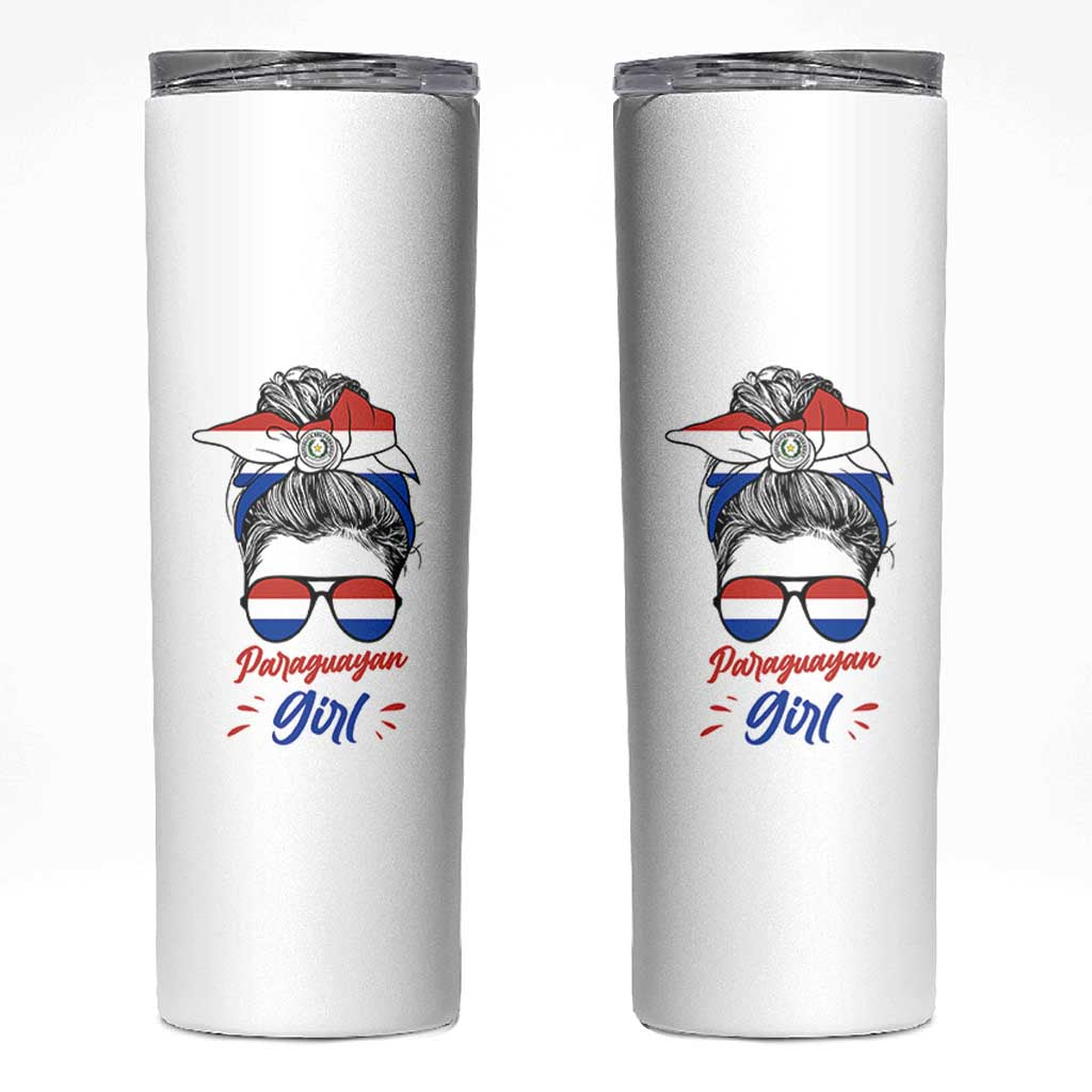 Proud Paraguayan Girl Messy Bun Bandana Aviator Sunglasses Skinny Tumbler Paraguay Heritage Roots HispanicLatina Pride