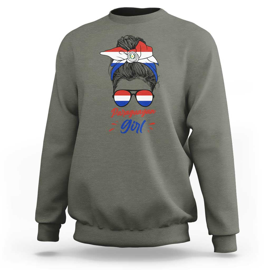 Proud Paraguayan Girl Messy Bun Bandana Aviator Sunglasses Sweatshirt Paraguay Heritage Roots HispanicLatina Pride