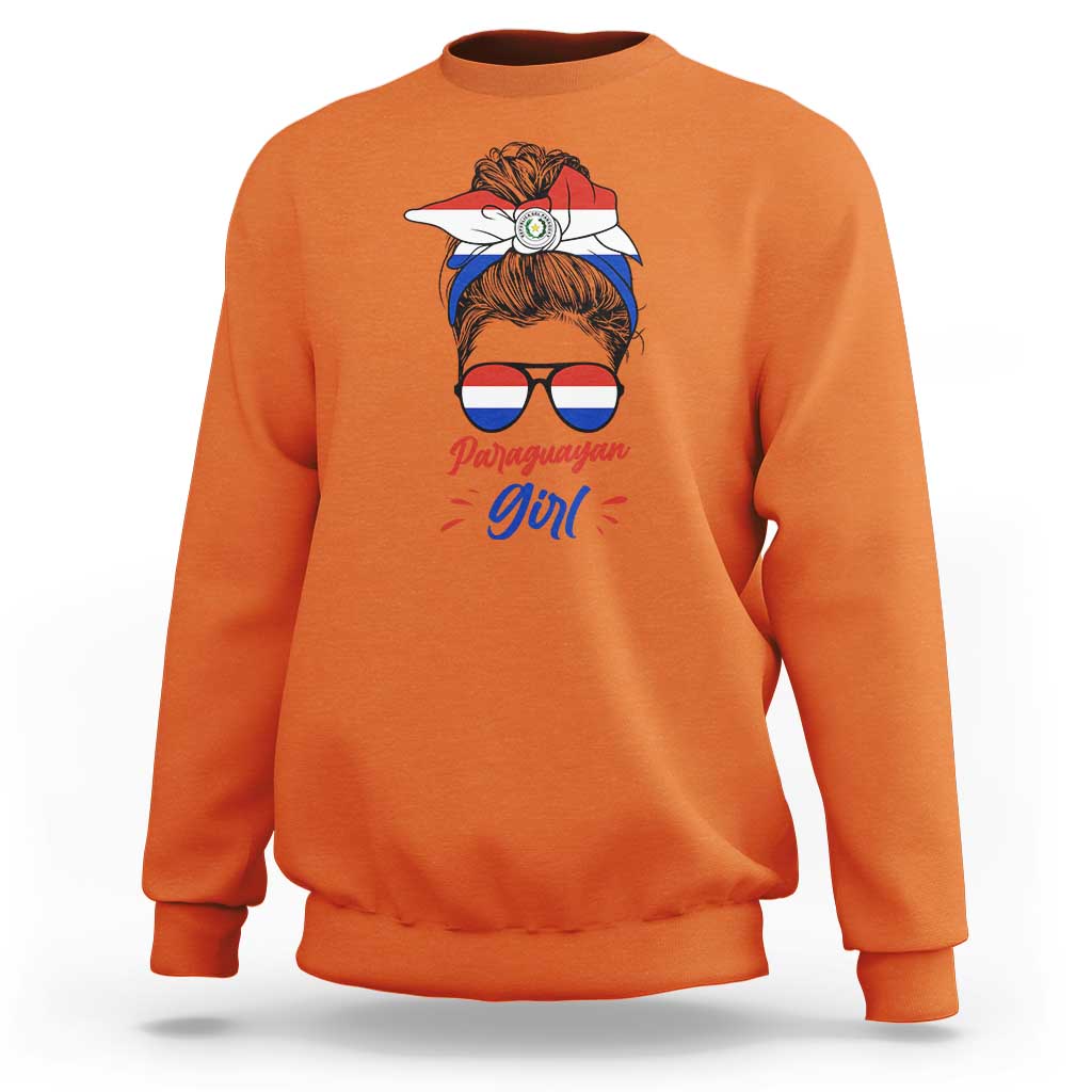 Proud Paraguayan Girl Messy Bun Bandana Aviator Sunglasses Sweatshirt Paraguay Heritage Roots HispanicLatina Pride