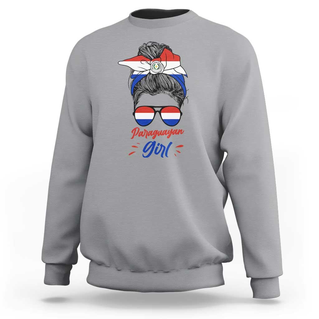 Proud Paraguayan Girl Messy Bun Bandana Aviator Sunglasses Sweatshirt Paraguay Heritage Roots HispanicLatina Pride