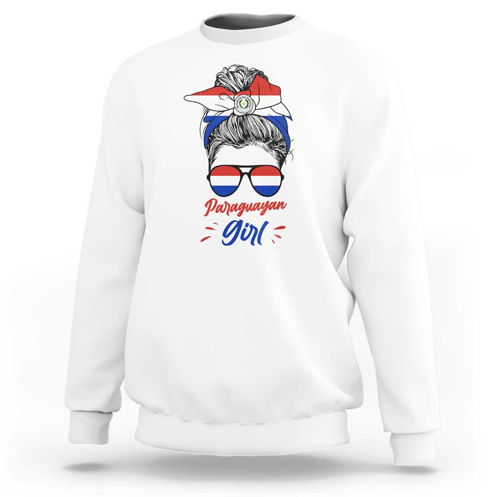 Proud Paraguayan Girl Messy Bun Bandana Aviator Sunglasses Sweatshirt Paraguay Heritage Roots HispanicLatina Pride