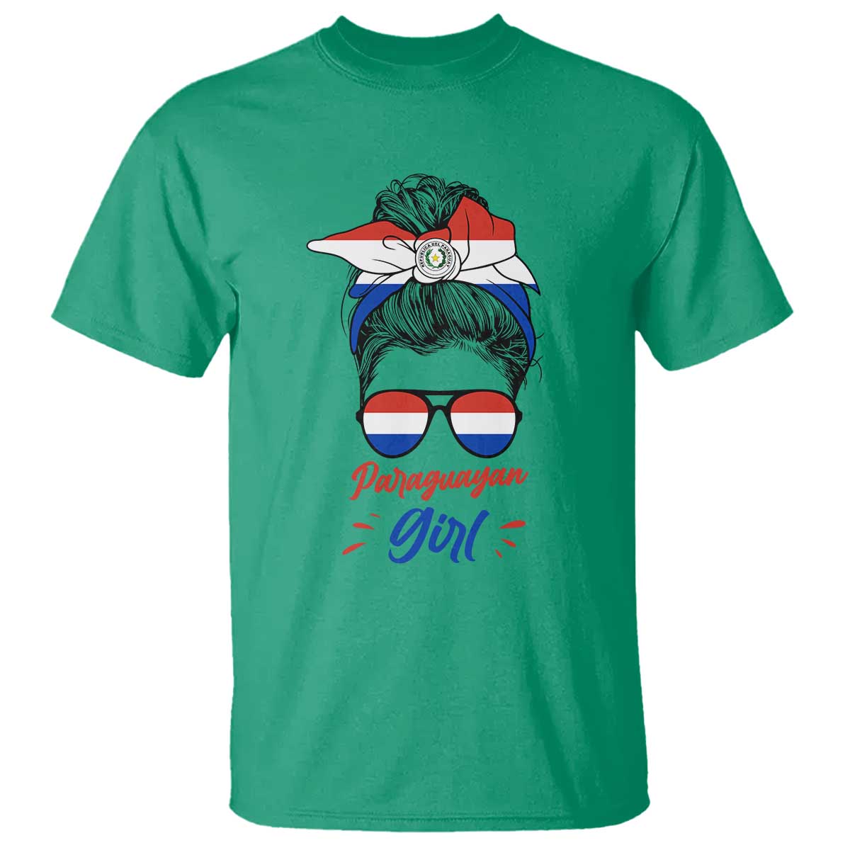 Proud Paraguayan Girl Messy Bun Bandana Aviator Sunglasses T Shirt Paraguay Heritage Roots HispanicLatina Pride