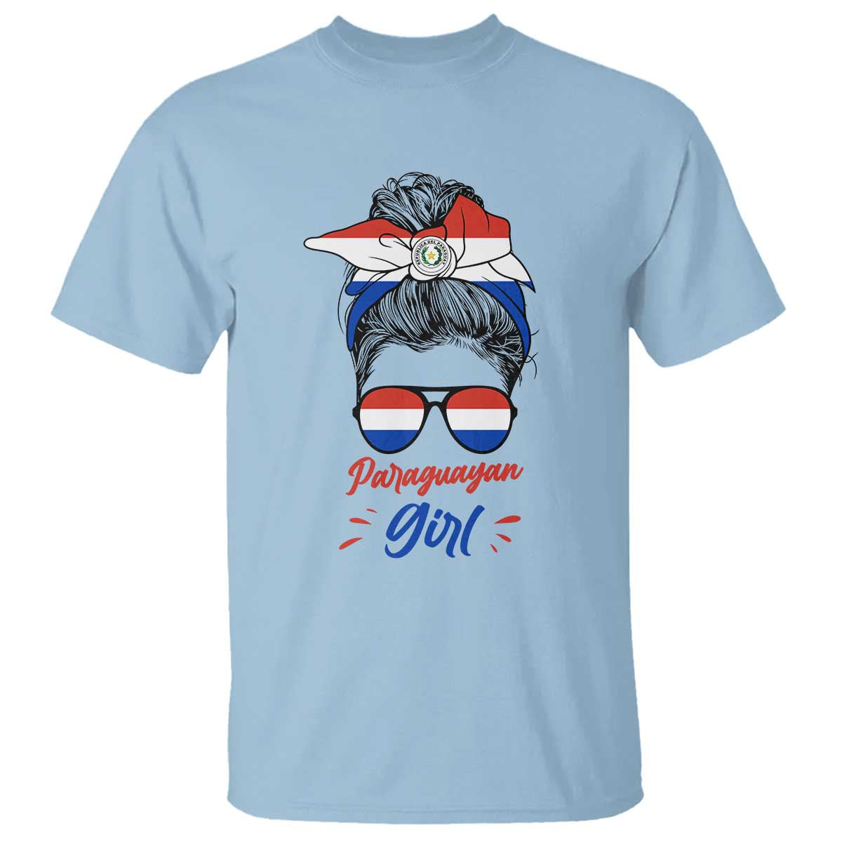 Proud Paraguayan Girl Messy Bun Bandana Aviator Sunglasses T Shirt Paraguay Heritage Roots HispanicLatina Pride